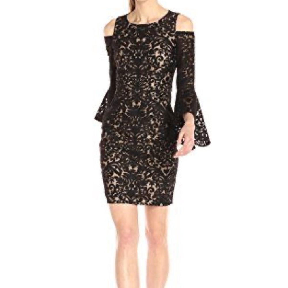 Xscape Lace Cold Shoulder Bell Sleeve Dress Black